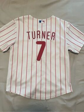Nike Phillies Trea Turner #7 MLB Baseball Jersey Pinstripes Kids Size L (7)